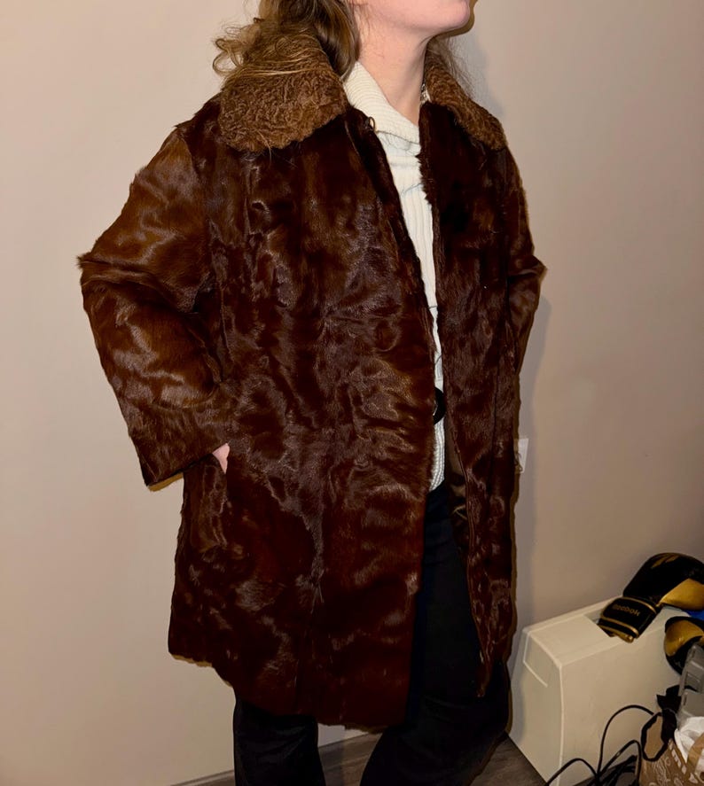 Vintage Brown Real Fur Coat with Curly Shearling Collar – Winter Luxury Outerwear – Classic 1970s Fur Jacket – Size L image 13