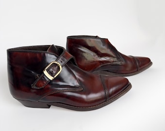 Vintage Burgundy Leather Ankle Shoes, EU 39, Pointed Toe Buckle Shoes, Unique 80s 90s Leather Heels, Retro Witchy Shoes