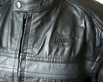 Vintage Black Leather Motorcycle Jacket Louis Size 52 / L, Vintage Clothing