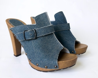 Vintage Y2K Denim Clogs Heels Wooden Platform Studded Mules Open Toe EU 39 90s Chunky