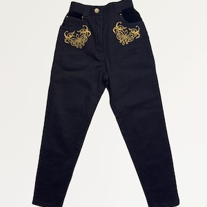 Vintage Black High Waisted Jeans with Gold Embroidery, Y2K jeans, vintage clothing, 80s 90s  fashion, rare find