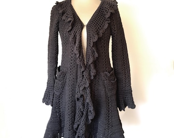Vintage Black Crochet Cardigan Dress, Ruffle Trim, Boho Gothic Size L
