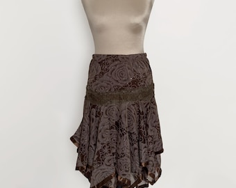 Vintage Brown Floral Midi Skirt, 90s Y2K Layered Handkerchief Skirt, Rose Print Lace Trim Boho Skirt, Size L