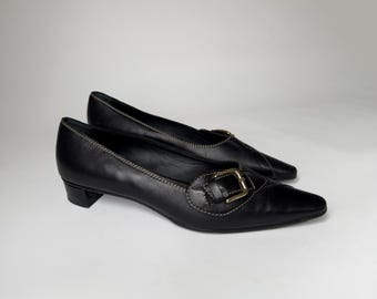 Vintage Black Leather Kitten Heels | Buckle Detail, Made in Italy Size 39 EU