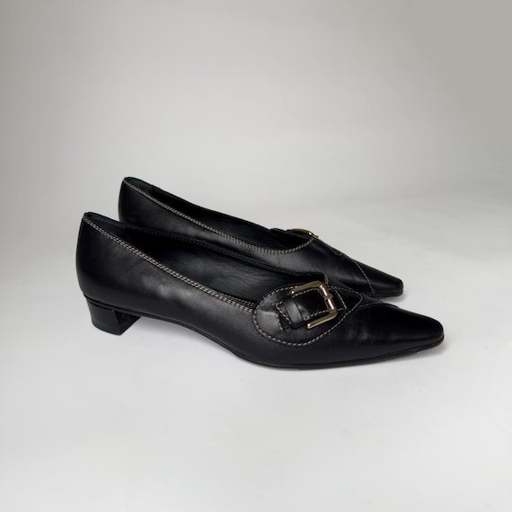 Vintage Black Leather Kitten Heels | Buckle Detail, Made in Italy Size 39 EU