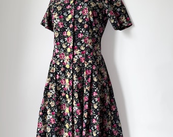 Vintage 90s Floral Cotton Dress • Fit & Flare Midi • Cottagecore Summer Sundress • Romantic Retro Style