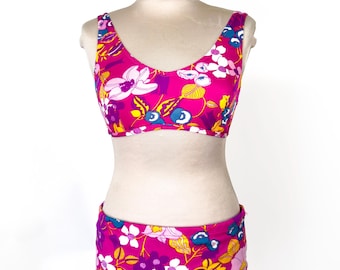 Vintage 60s 70s Floral Bikini Set: High Waist Mod Swimwear, Retro Pin Up Style