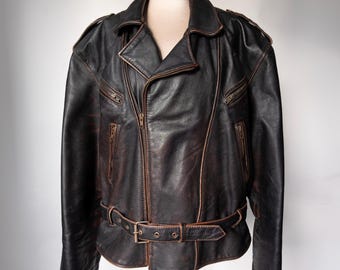 Vintage Distressed Leather Biker Jacket – Black Motorcycle Coat (L-XL)