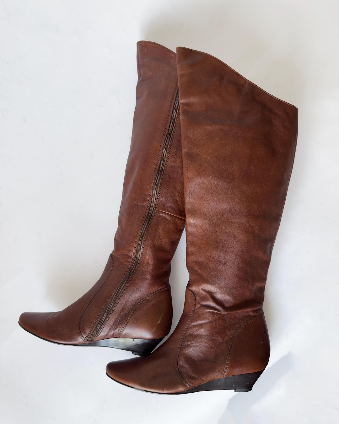 Vintage 70s Brown Leather Knee High Boots – EU 39 Wedge Heel - Etsy