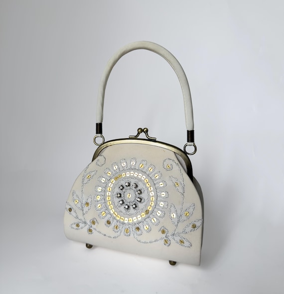 ヴィンテージビーズスパンコールハンドバッグ：ファンシーファニー刺繍