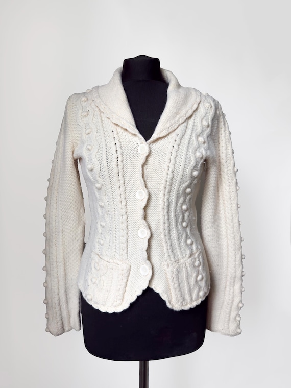 Vintage White Wool Cable Knit Cardigan – Bobble Knit Buttoned Sweater – Size S
