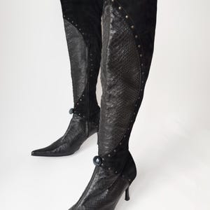 Vintage Style Leather High Heel Boots, Pointy Toe, 80s Women&#39;s Tall Boots, Elegant Genuine Leather Boots / Over the Knee Boots/ Size 40 EU