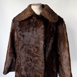May include: A dark brown fur coat with a contrasting textured collar. The coat is displayed on a mannequin, showcasing its long length and button closure. The fur appears soft and luxurious, with a rich, deep color.