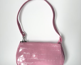 Y2K Pinke Krokoprägung Schultertasche: Vintage-inspirierte Mini Geldbörse