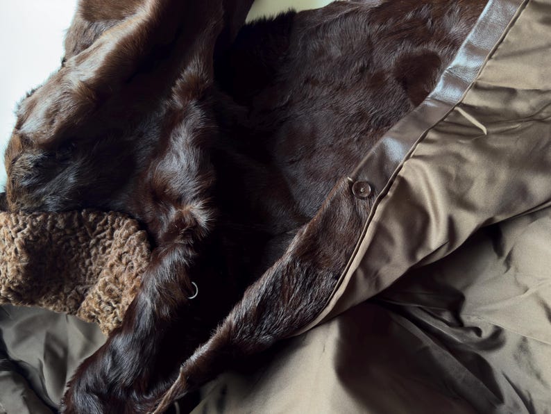 May include: Close-up of a dark brown fur coat with a satin lining. The coat features a button closure and a textured, brown collar. The fur appears soft and luxurious, suggesting a high-end garment.