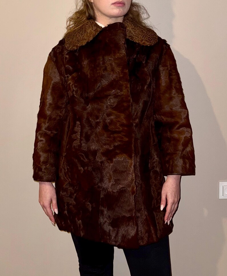 Vintage Brown Real Fur Coat with Curly Shearling Collar – Winter Luxury Outerwear – Classic 1970s Fur Jacket – Size L image 11