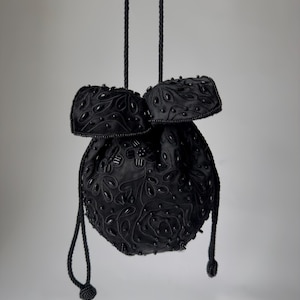 Sac à cordon noir vintage avec perles, sac de soirée mignon et élégant, vêtements vintage