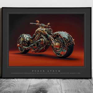 Cyberpunk Fantasy Motorcycle Poster | Futuristic Machine Decor | Unique Gift | Motorbike Steampunk Ride | Mecha Hybrid | Digital Art Print
