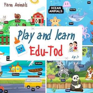 May include: Educational poster with colorful illustrations of farm animals, ocean creatures, and jungle animals. Includes the text "Play and learn Edu-Tod Age 2+" and various modes of transportation.