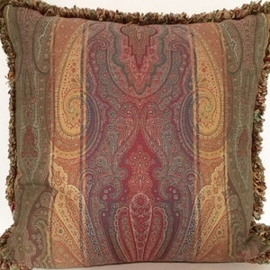 Lee Jofa Striped Paisley Wool Pillow with Looped Fringe image 1