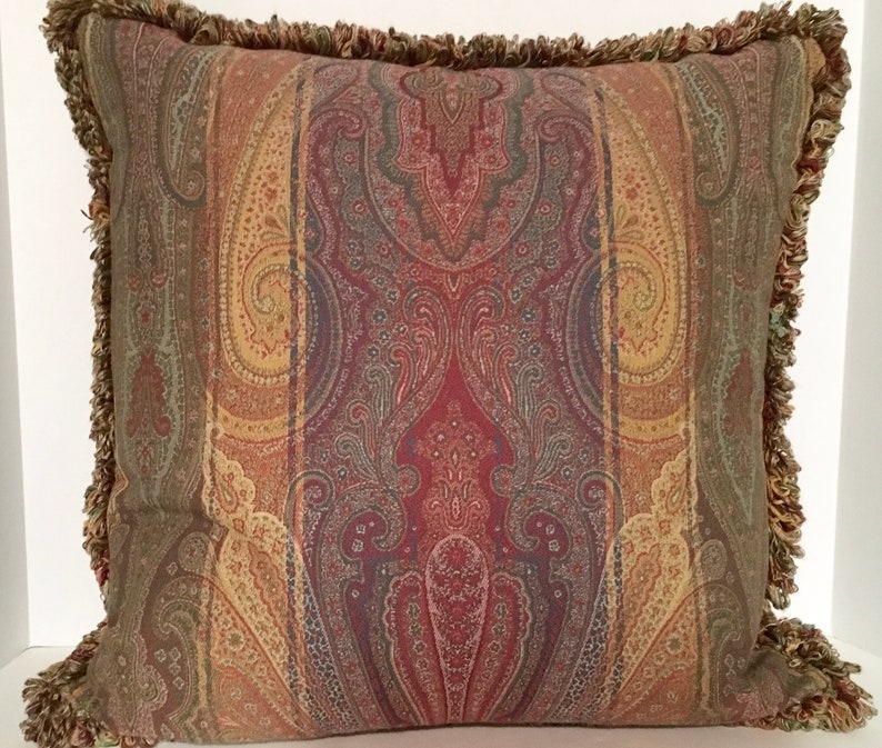 Lee Jofa Striped Paisley Wool Pillow with Looped Fringe image 1