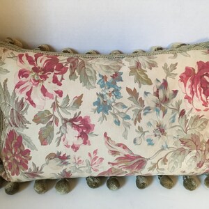 Vintage Faded Cottage Floral Pillow with Ball/Bead Fringe image 1