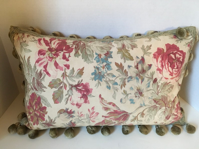 Vintage Faded Cottage Floral Pillow with Ball/Bead Fringe image 1