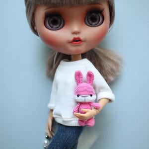Tiny Pink Bunny Companion for Blythe Doll - Handmade Miniature Pet. Blythe Accessories