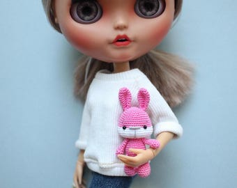 Tiny Pink Bunny Companion for Blythe Doll - Handmade Miniature Pet. Blythe Accessories