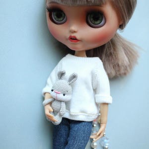 Tiny Gray Bunny Companion for Blythe Doll - Handmade Miniature Pet. Small Stuffed Bunny Toy