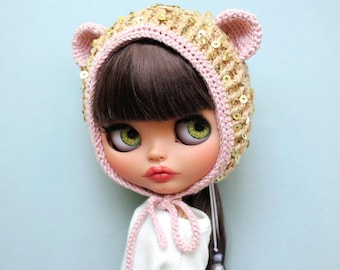 Handmade Beige Knit Hat with Gold Sequins & Rose Gold Bear Ears for Blythe Doll / READY TO SHIP