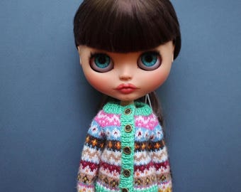 Colorful Geometric Cardigan and Green Shorts Set for Blythe Doll / READY TO SHIP