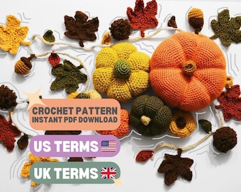 Autumn Crochet Bundle: Garland & Pumpkins – Beginner Crochet Pattern | Fall Thanksgiving Decor | Amigurumi Pumpkins | Leaf Garland