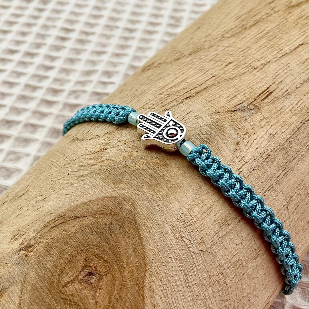 Bracciale Fatima In Argento Con Ciondolo Hamsa - Realizzato A Mano In Macramè, Regolabile, Portafortuna