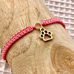May include: A pink braided bracelet with a gold paw print charm.