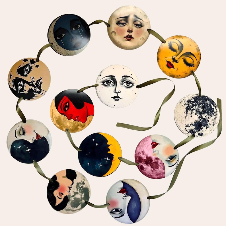 Paper Moon Garland Vintage Art Garland 20s Art Deco Art Witchy Party Banner Celestial Moon Phase Garland Mystical Wall Decor Party Garland image 2