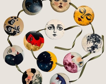 Paper Moon Garland Vintage Art Garland 20s Art Deco Art Witchy Party Banner Celestial Moon Phase Garland Mystical Wall Decor Party Garland