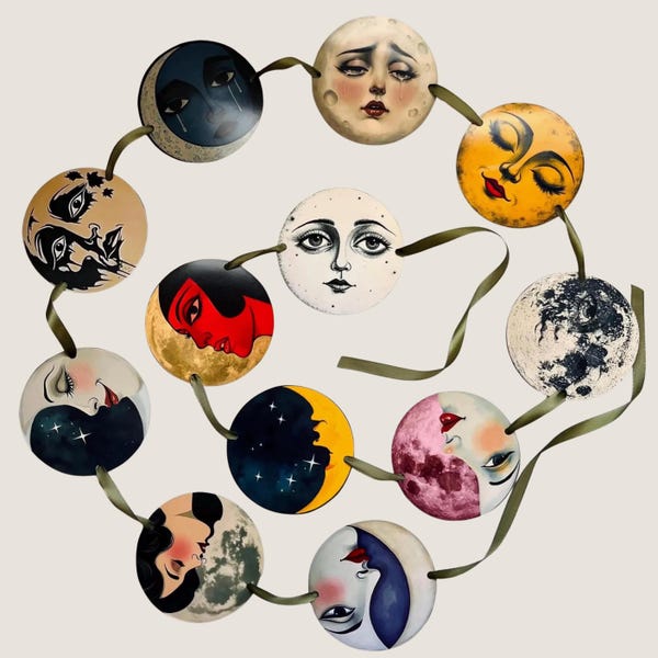 Paper Moon Garland Vintage Art Garland 20s Art Deco Art Witchy Party Banner Celestial Moon Phase Garland Mystical Wall Decor Party Garland
