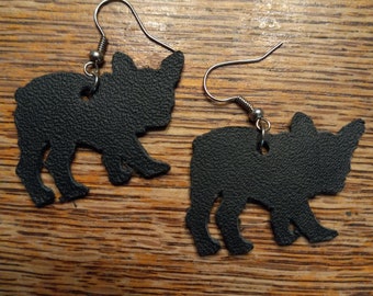 Handmade Black Pug Boston Terrior Dog Faux Leather Earrings