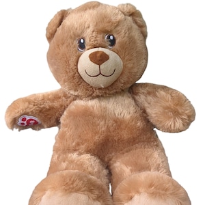 Può includere: Un orsacchiotto di peluche con pelliccia marrone chiaro, un muso color cuoio e un naso ricamato marrone scuro. L'orso presenta grandi occhi scuri e un logo a forma di zampa rossa sul piede destro con le lettere BAB in bianco. Il gioco è morbido.
