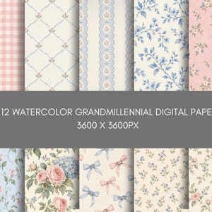 Puede incluir: Una colección de 12 papeles digitales con patrones de acuarela que incluyen cuadros vichy rosas, enredaderas florales azules, encaje a rayas y ramos de rosas con lazos. El texto 12 WATERCOLOR GRANDMILLENNIAL DIGITAL PAPER 3600 X 3600PX está centrado.