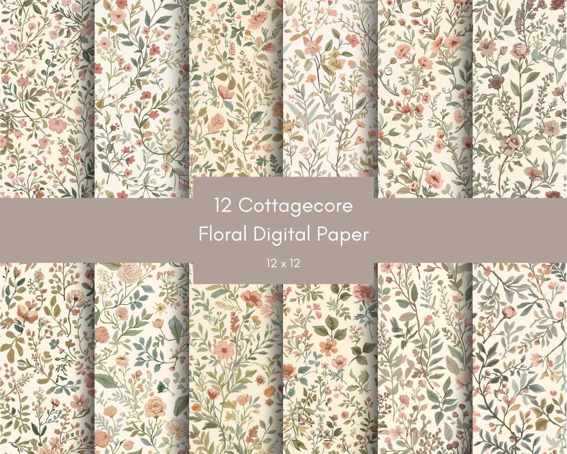 12 Cottagecore Floral Digital Paper Patterns | 12x12 | Neutral Pastel ...