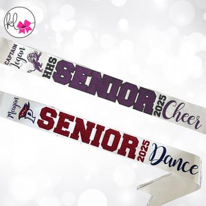Senior Sashes - 2 color glitter vinyl - Personalized and customized - Cheer Dance Pom Soccer Volleyball Tennis ANY Sport or Activity