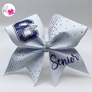 Custom Glitter and Rhinestone Cheer Bow with logo - You pick the colors! Competition School Sideline Pom Dance