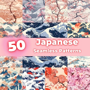 Puede incluir: Una colección de 50 patrones japoneses sin costuras que presentan flores de cerezo, montañas, olas y arquitectura japonesa tradicional. Estos patrones son perfectos para el scrapbooking digital, el diseño de telas y otros proyectos creativos.