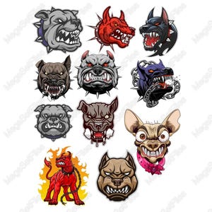 Conjunto de imágenes prediseñadas SVG PNG de perros feroces: diseños de bulldog y dóberman en estilo de dibujos animados para proyectos gráficos