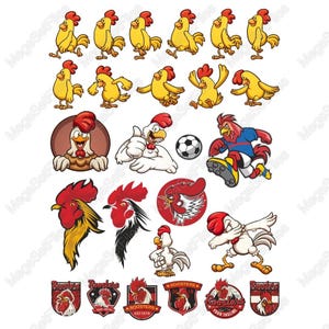 Playful Rooster Clipart Set in Cartoon Style, SVG & PNG Formats, Sports and Emblem Themes for Kids and Graphic Designs