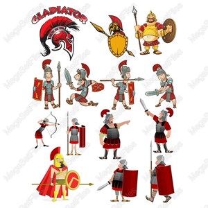 Set di clipart di gladiatori antichi SVG PNG / Illustrazioni di guerrieri romani / Personaggi in stile cartone animato rosso e oro