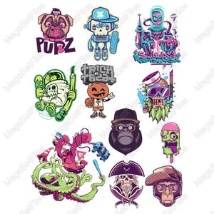 Conjunto de imágenes prediseñadas de dibujos animados urbanos retro en SVG, PNG / Arte callejero vibrante, diseños de estilo cómic, perfecto para manualidades