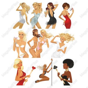 Set di clipart di diva della moda glamour SVG PNG, ragazze da festa chic, glamour moderno, stile da cocktail serale